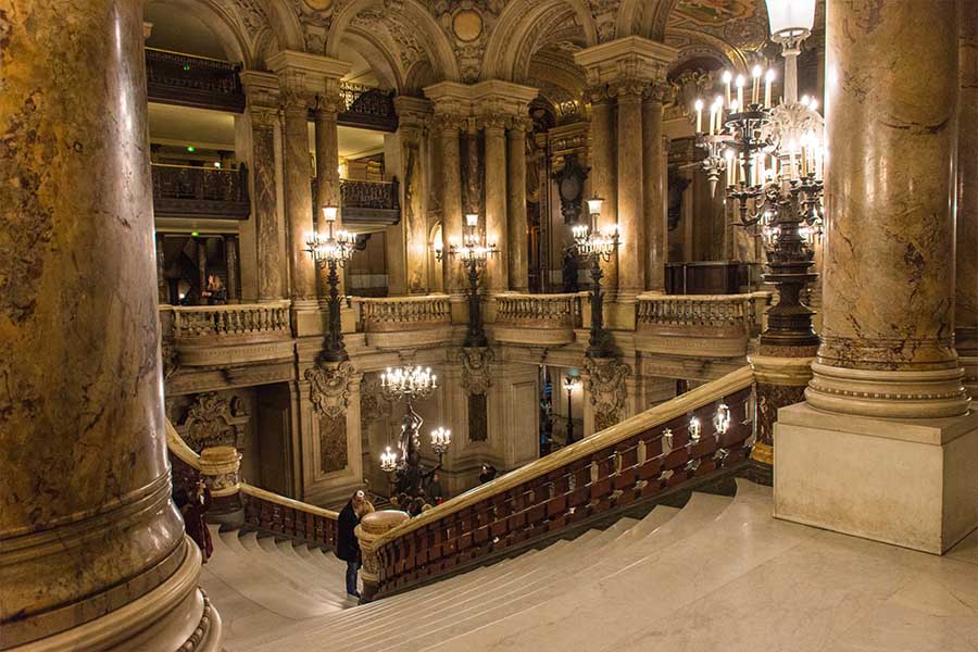 Ballets in Paris and lyrical art in the gildings of the Opera Garnier great staircase